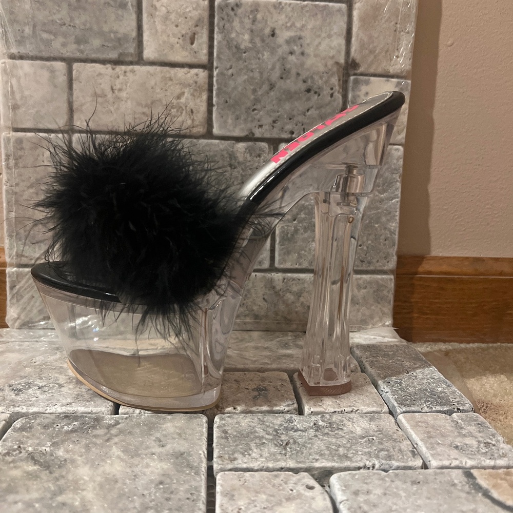 Golden Bull clear platform, high heels fur trim